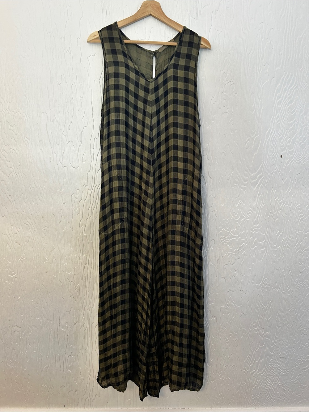 CUT LOOSE Wide Leg Gauzy Cropped Jumpsuit Sm/Med Green Black Checked Fall Autumn